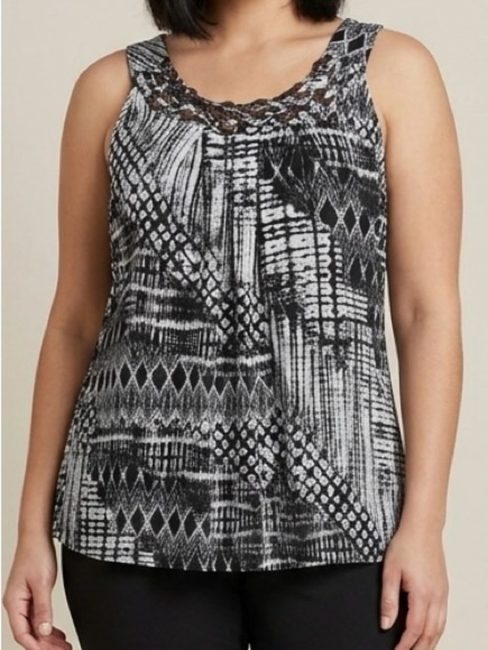 Zac & Rachel Black White Geometric Ring Neck Sleeveless Blouse Tank Top XL EUC
